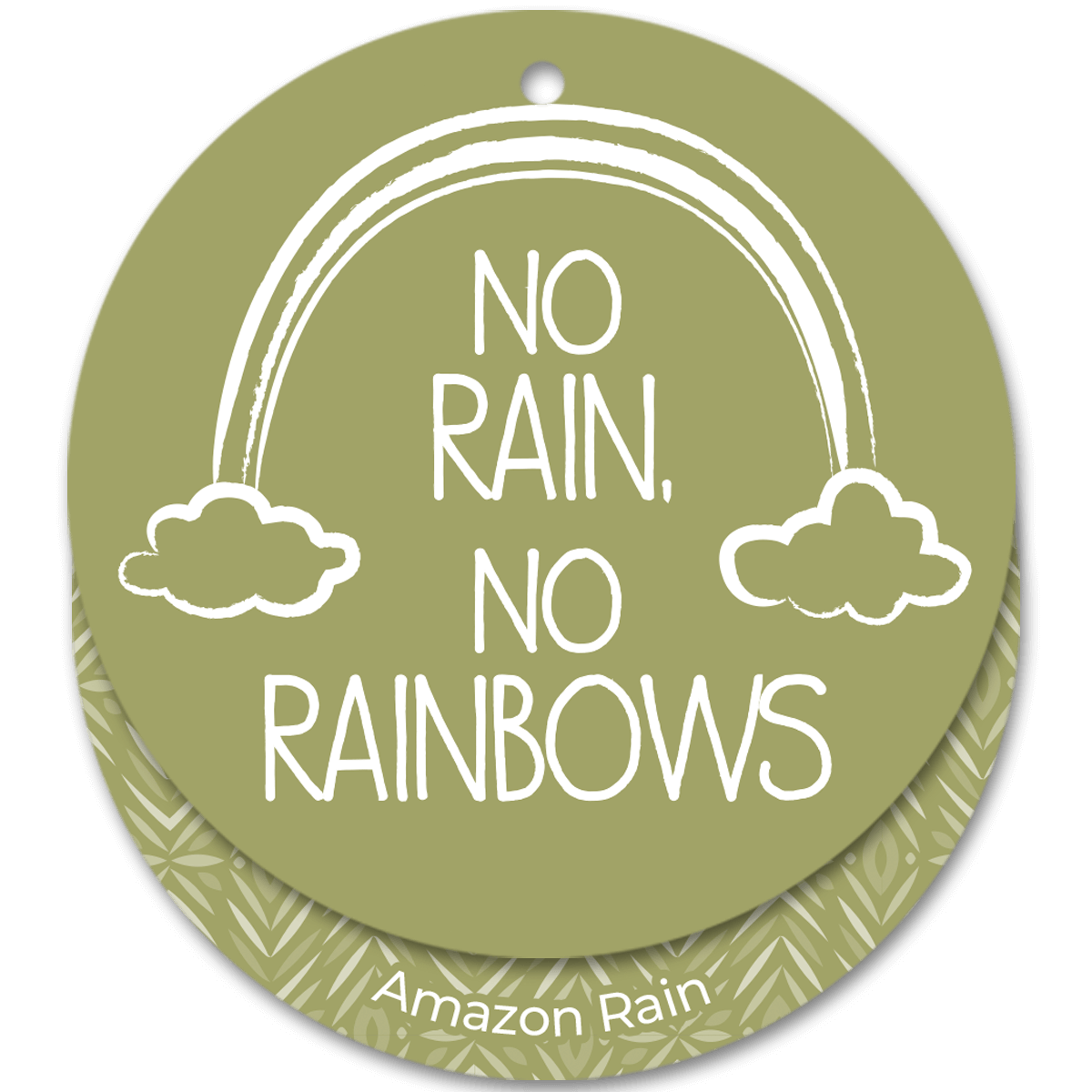 Circular green sign with white rainbow and cloud design, featuring the text 'No Rain, No Rainbows' and 'Amazon Rain'.