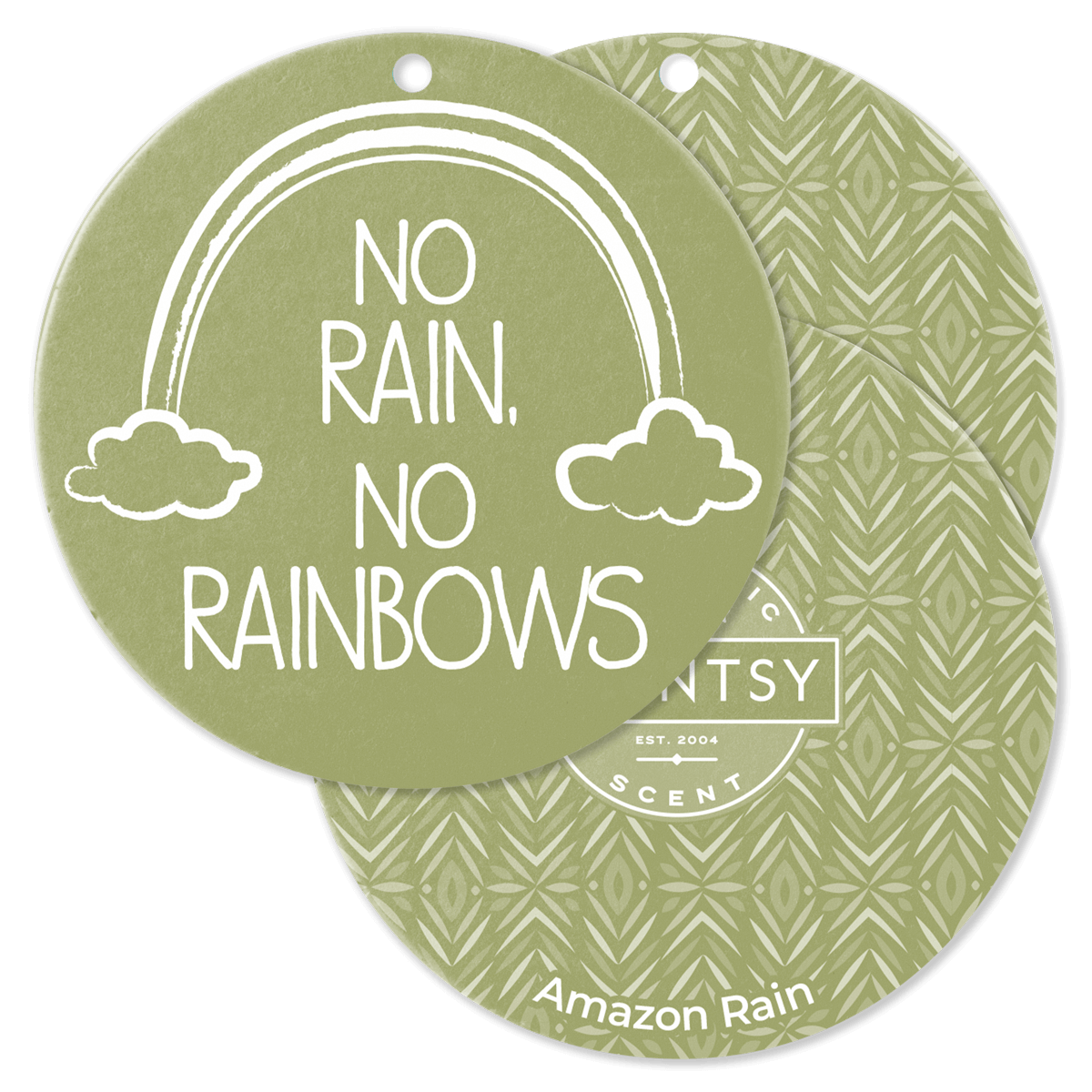Two green air freshener tags with 'No Rain, No Rainbows' text and a patterned design.