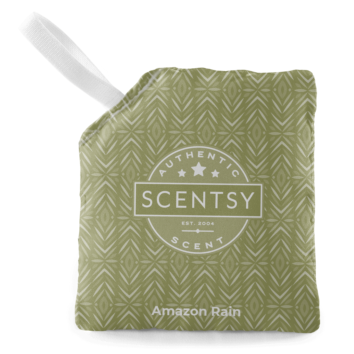 Scentsy Amazon Rain scent pouch with a white handle on a black background