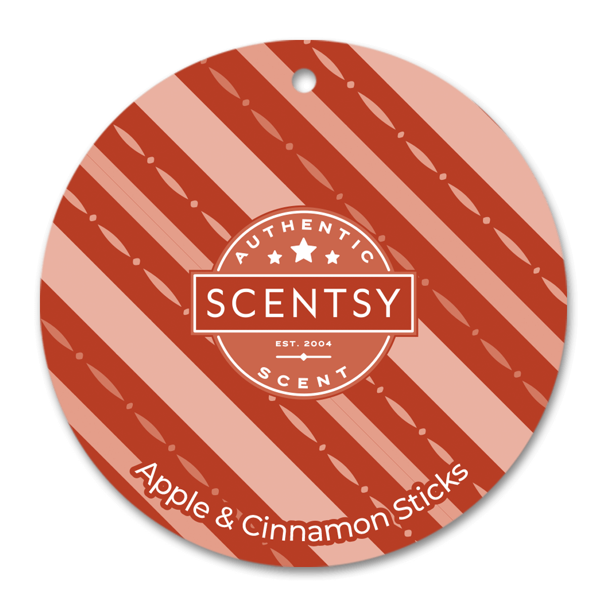 Scentsy Apple & Cinnamon Sticks packaging with red and white striped design on a black background
