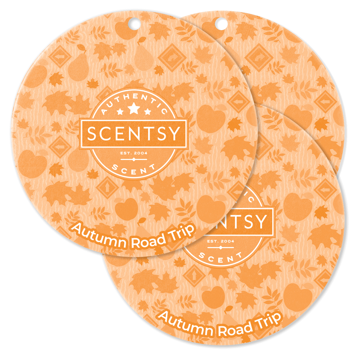 Two Scentsy Autumn Road Trip scented wax discs on a black background