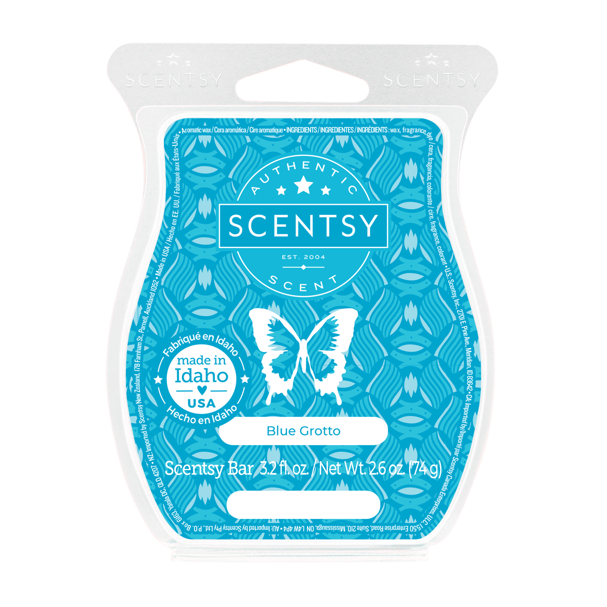 Scentsy Blue Grotto wax bar packaging on a black background