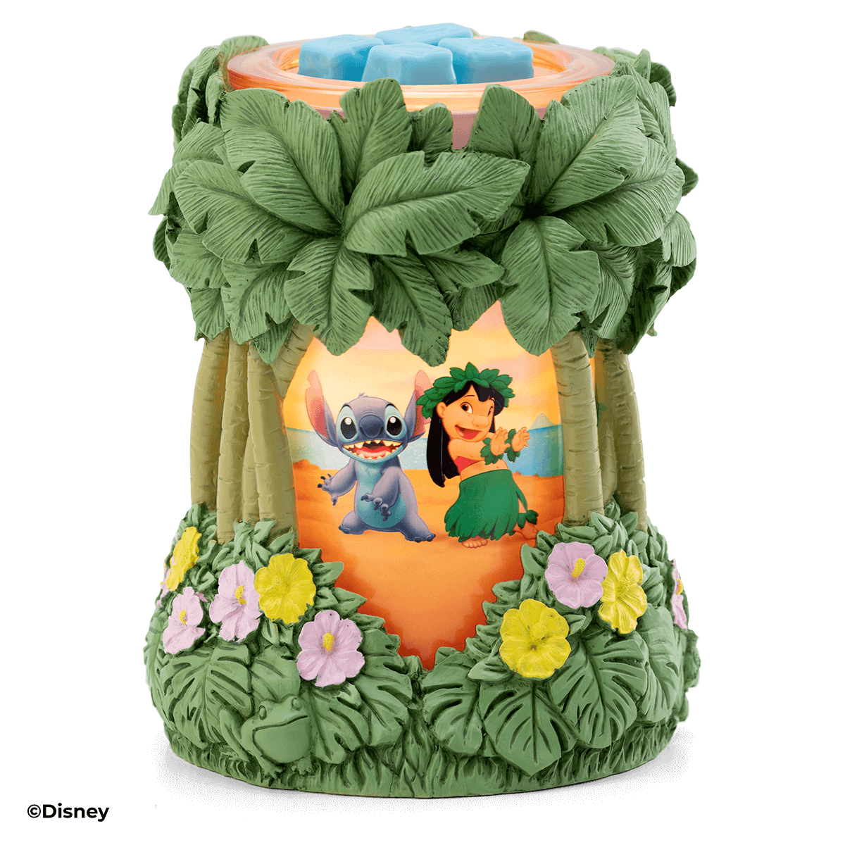 Decorative lantern with cartoon characters inside, surrounded by green leaves and flowers on a black background.