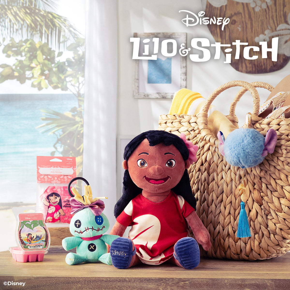 Lilo & Stitch toys and items on a shelf with beach decor