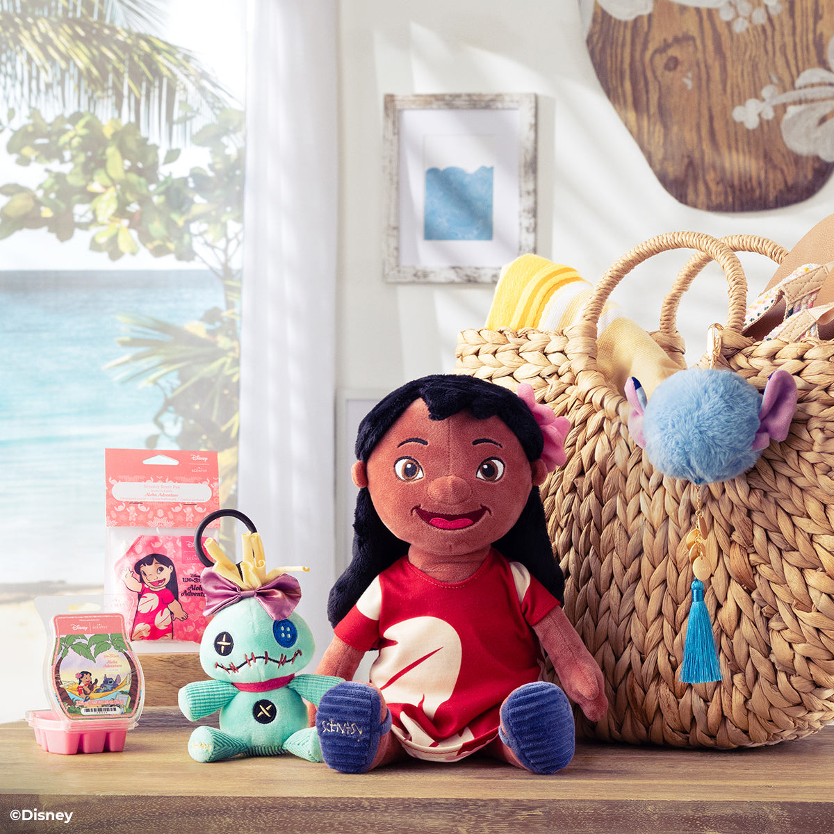 Children's toys including a doll and plush toy on a shelf with a wicker basket and framed picture in the background.