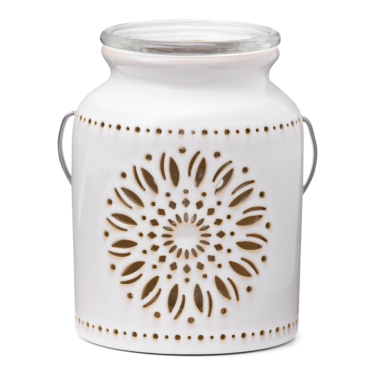 White lantern with decorative cut-out design on a transparent background