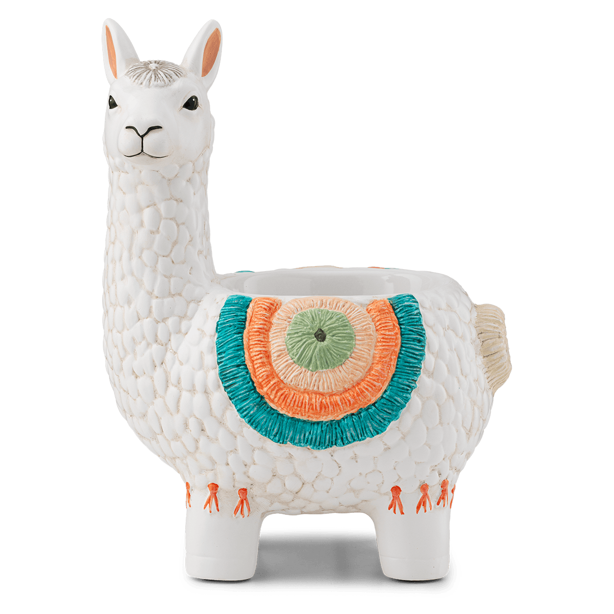 Decorative llama figurine with a colorful pattern on a transparent background