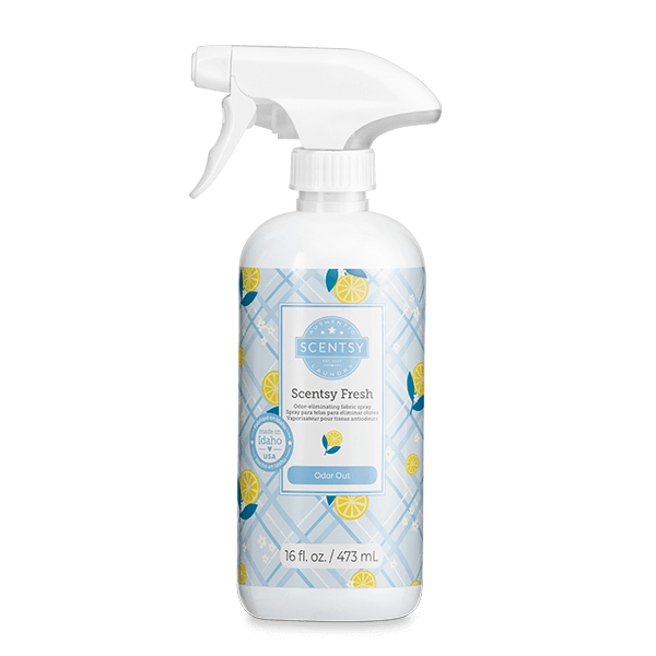 Scentsy Fresh spray bottle with a blue and white label on a black background