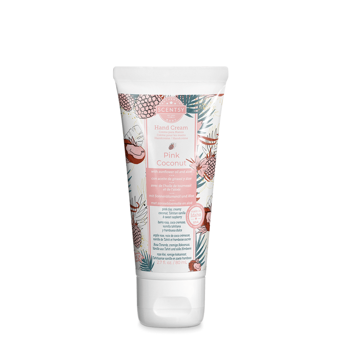 Hand cream tube with floral design and text on a white background