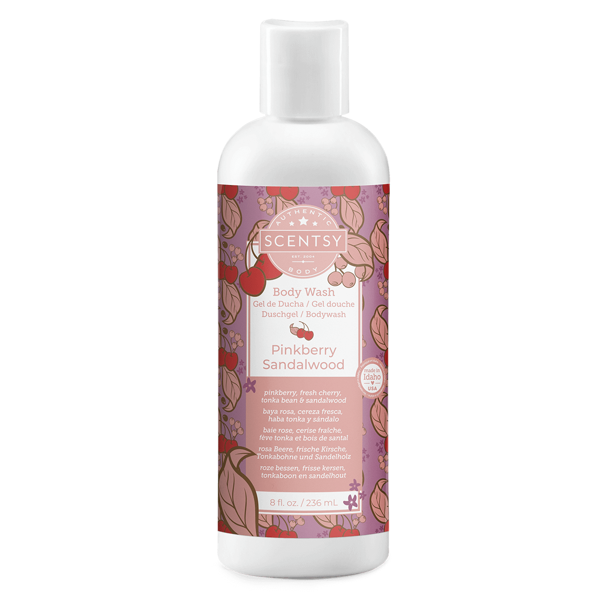 Scentsy Pinkberry Sandalwood body wash bottle on a white background