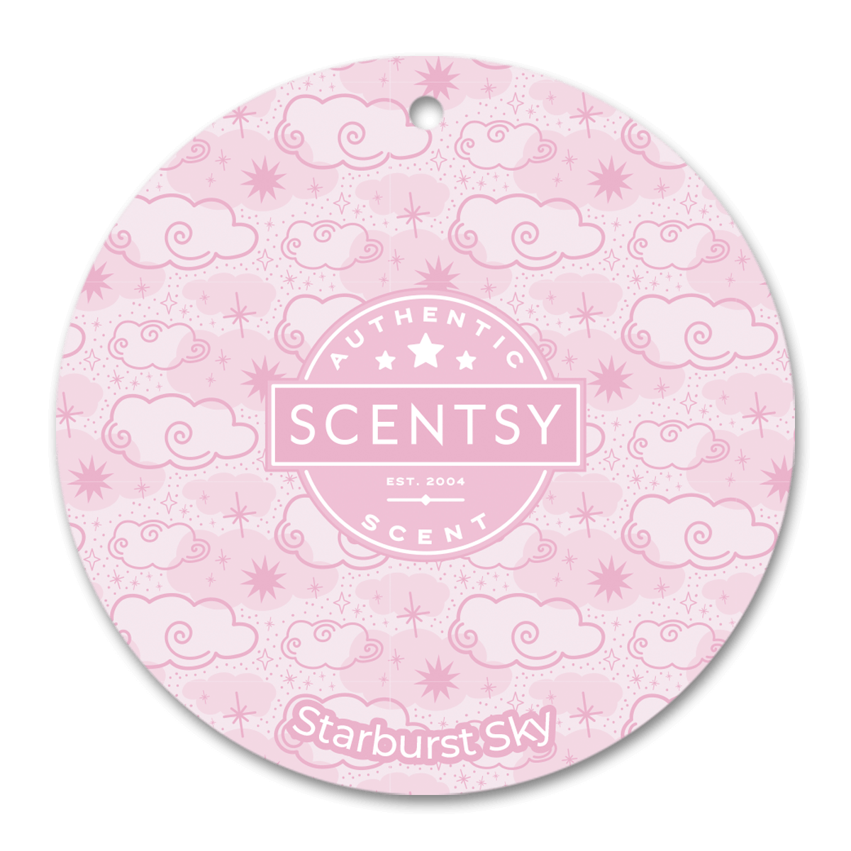 Scentsy product packaging with pink cloud pattern and 'Starburst Sky' text