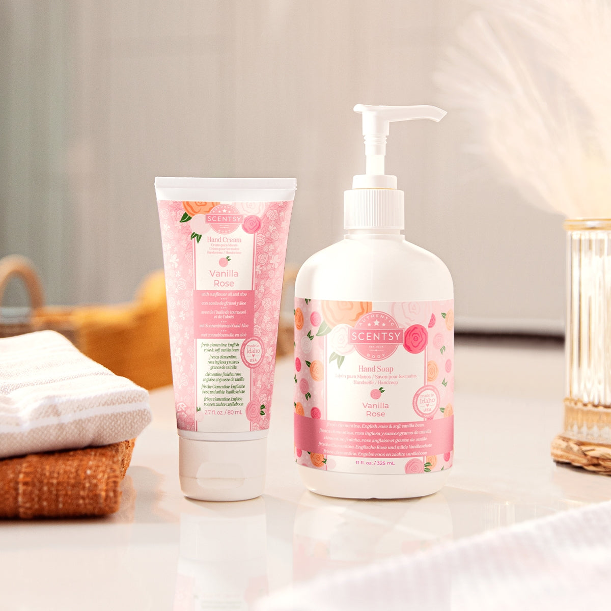 Two bottles of 'Society' body wash and lotion on a bathroom counter.