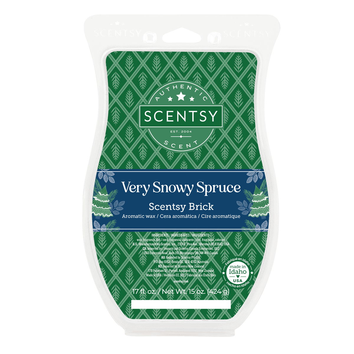 Scentsy Very Snowy Spruce brick packaging on a white background