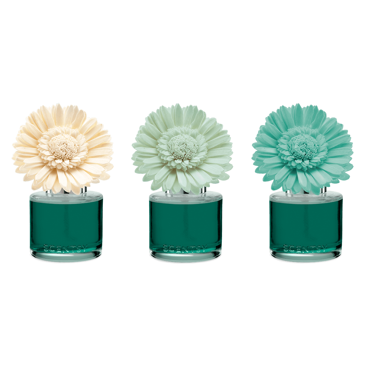 Three floral perfume bottles with different colored flowers on a black background