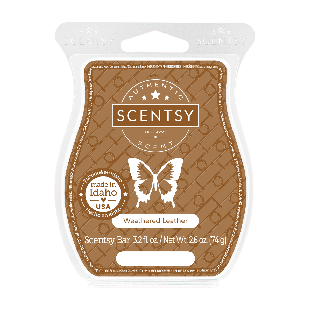 Scentsy Weathered Leather scent bar packaging on a white background
