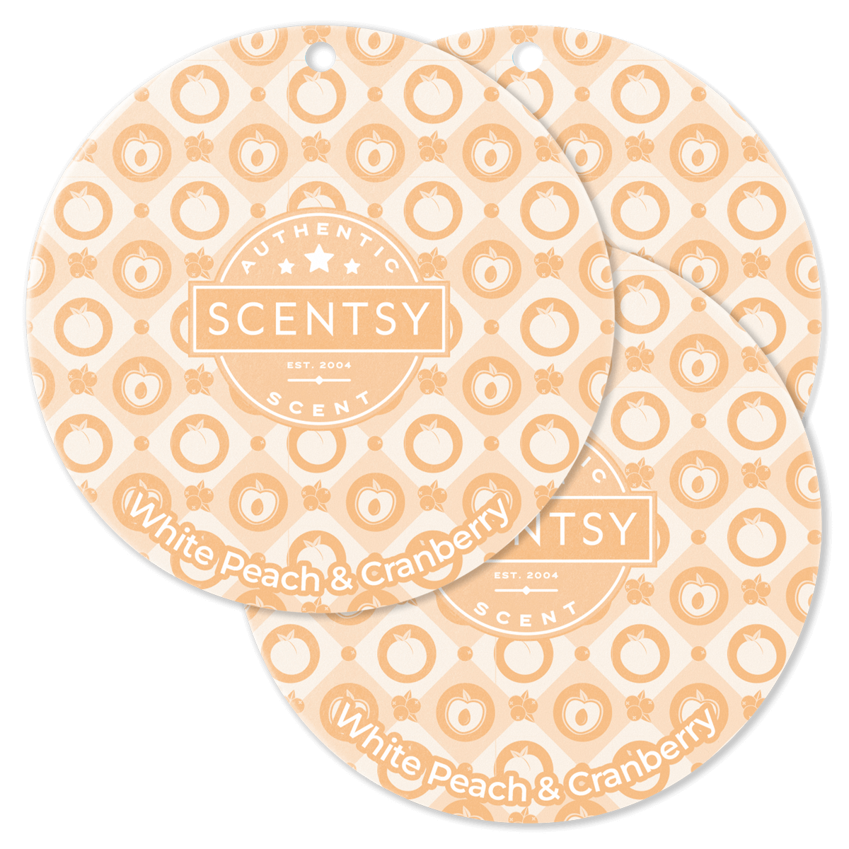 Two Scentsy White Peach & Cranberry scented wax discs on a black background