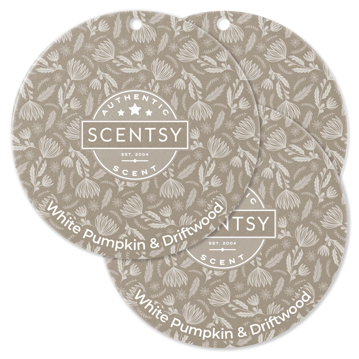 Scentsy scent cards with white pumpkin and driftwood design on a beige background