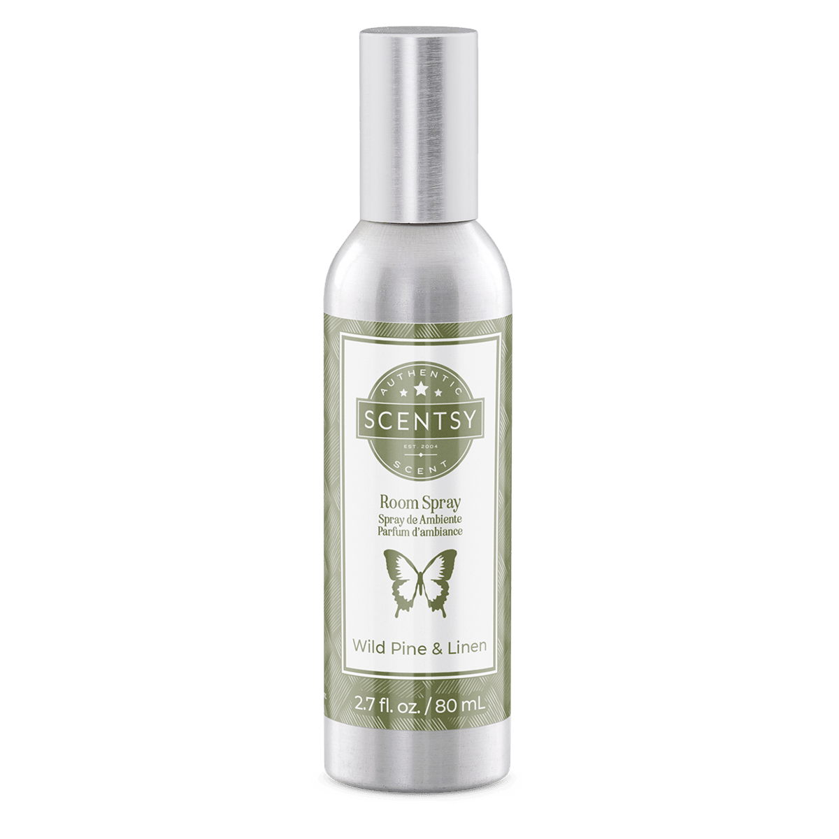 Scentsy room spray bottle with label on a green background