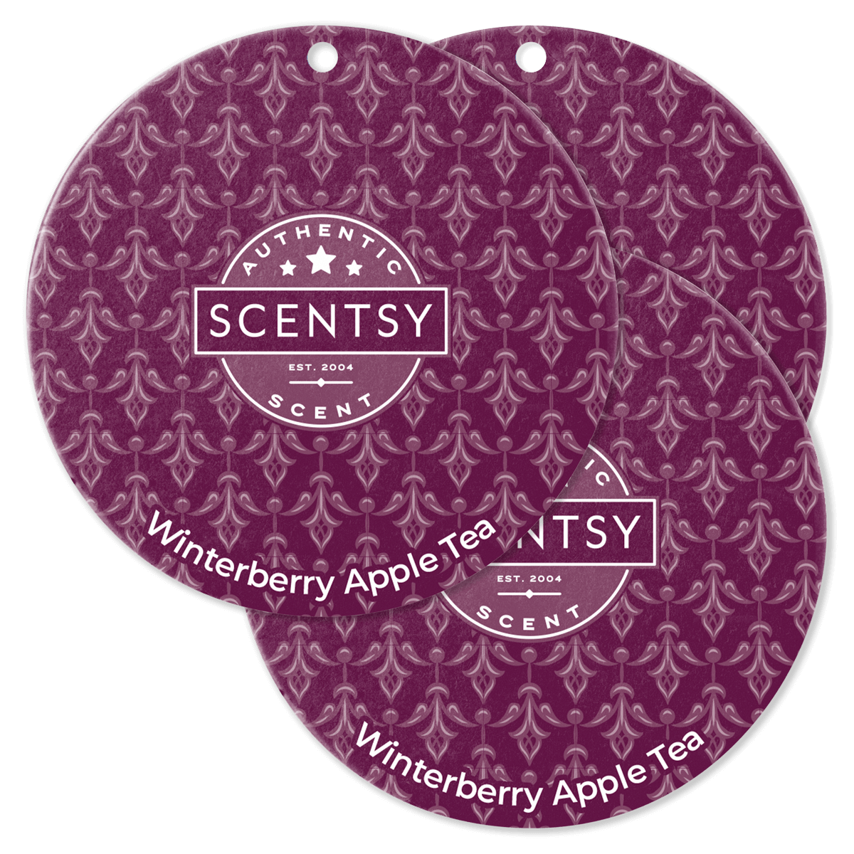 Two Scentsy Winterberry Apple Tea scented discs on a black background