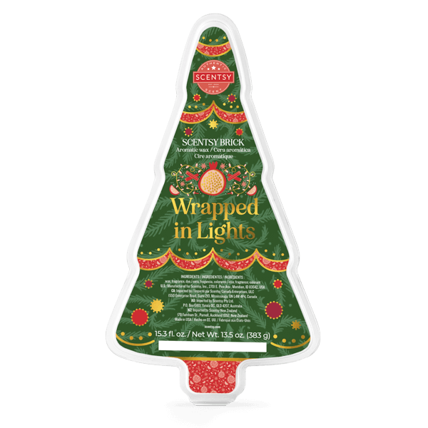 Scentsy Wrapped in Lights brick packaging shaped like a Christmas tree on a white background