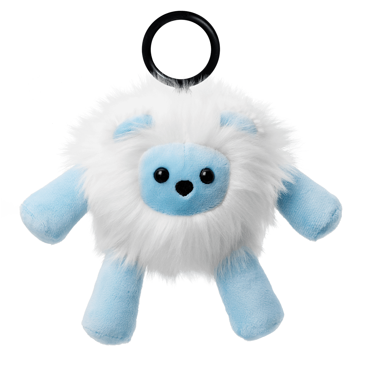 Plush toy resembling a fluffy creature with blue accents on a black background