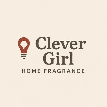 Logo for 'Clever Girl Home Fragrance' with a light bulb icon on a beige background
