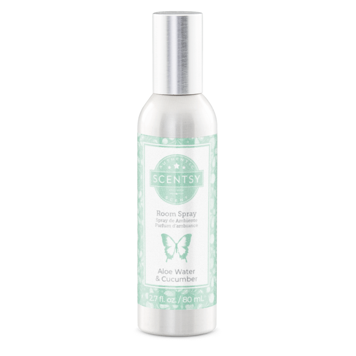 Scentsy room spray bottle with green label on a white background