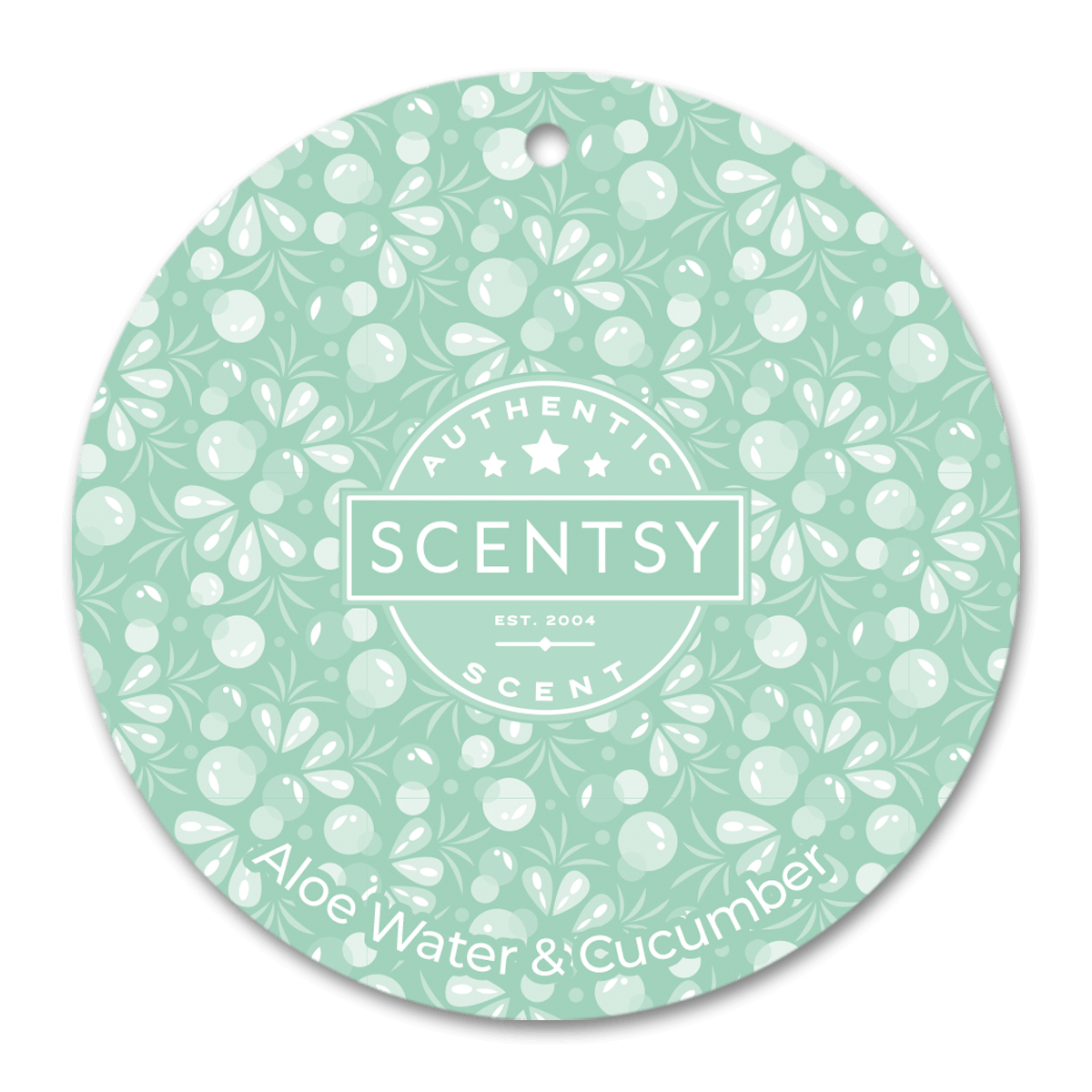 Scentsy product label with floral pattern and 'Aloe Water & Cucumber' text on a green background