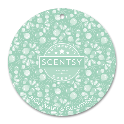 Scentsy product label with floral pattern and 'Aloe Water & Cucumber' text on a green background