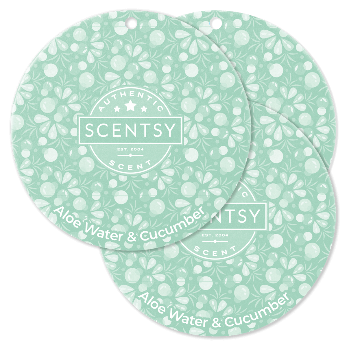 Two Scentsy Aloe Water & Cucumber scented wax melts with floral pattern on a black background.