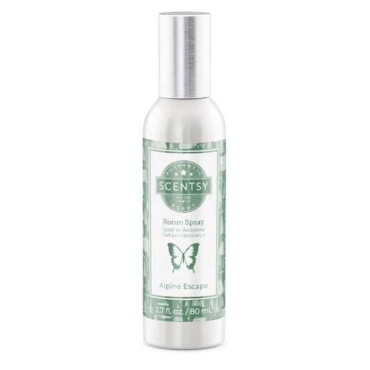 Scentsy room spray bottle with label on a white background