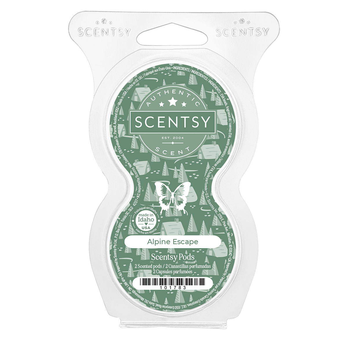 Scentsy Alpine Escape packaging on a green background