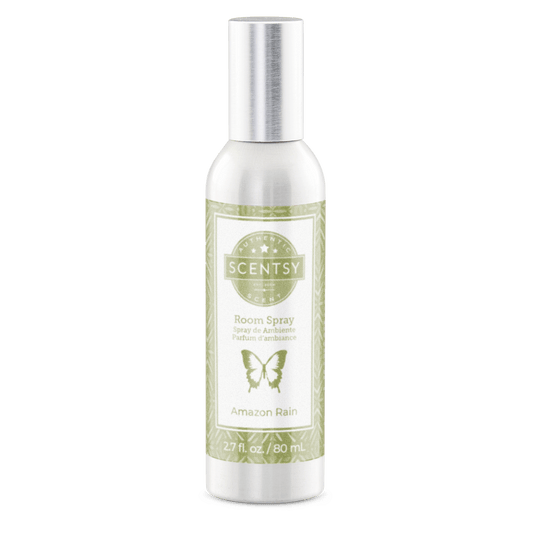Scentsy room spray bottle with label on a white background