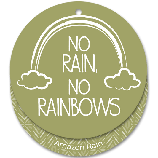 Circular green sign with white rainbow and cloud design, featuring the text 'No Rain, No Rainbows' and 'Amazon Rain'.