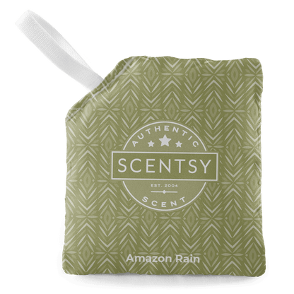 Scentsy Amazon Rain scent pouch with a white handle on a black background