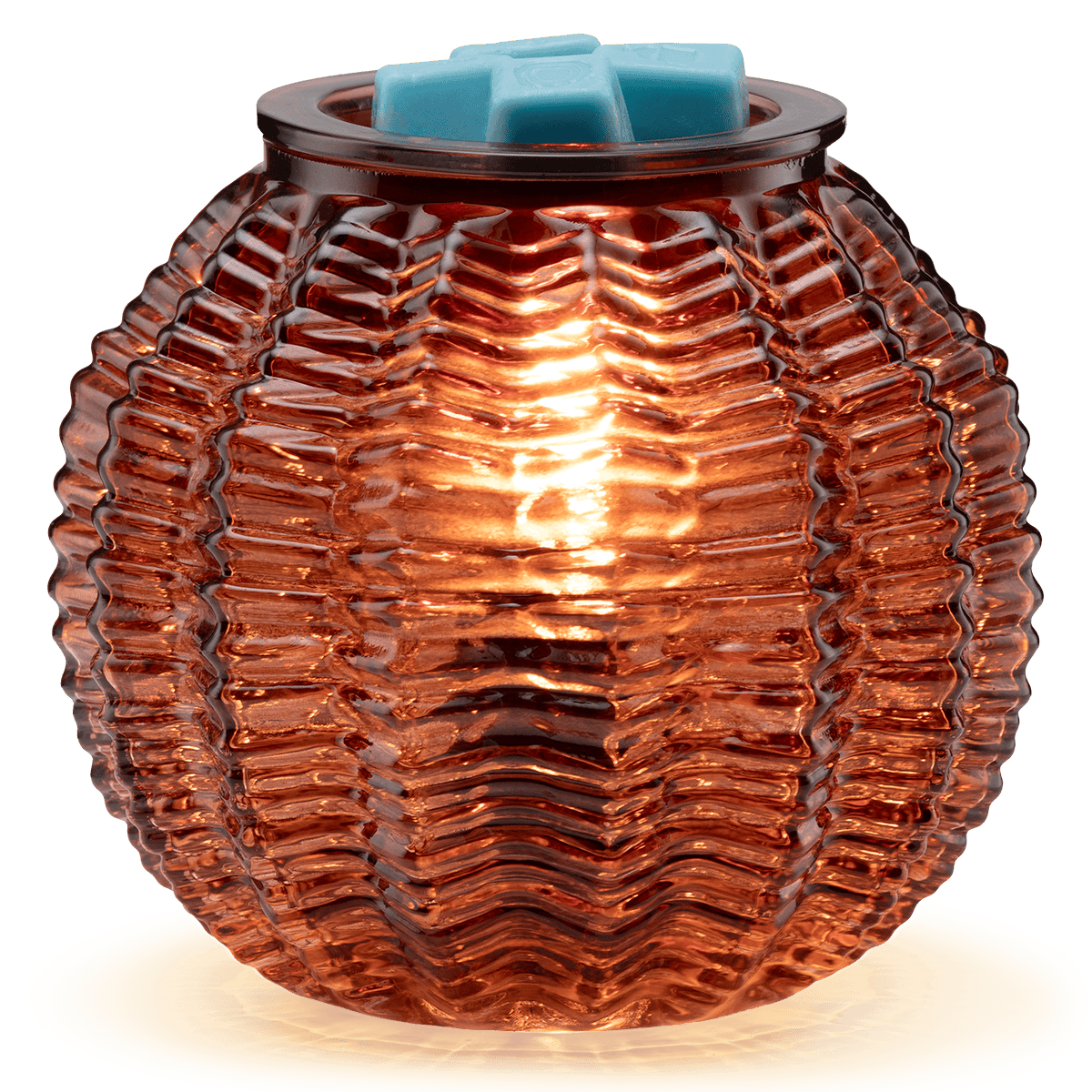 Wax warmer with wavy design and blue wax melts on a clear background