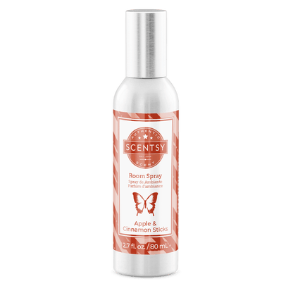 Scentsy room spray bottle with a red label on a white background