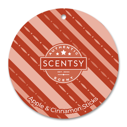 Scentsy Apple & Cinnamon Sticks packaging with red and white striped design on a black background