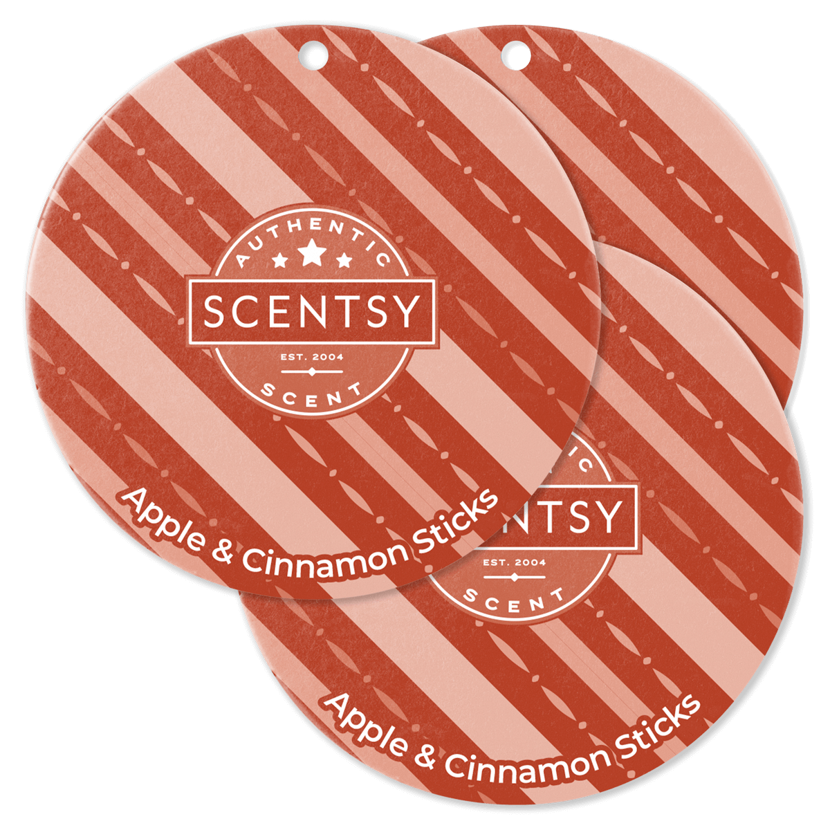 Two Scentsy Apple & Cinnamon Sticks packaging with striped design on a black background.