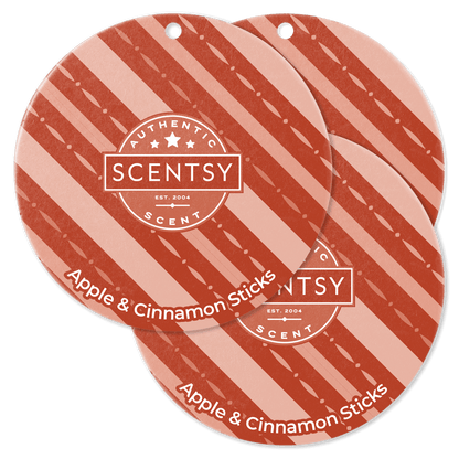 Two Scentsy Apple & Cinnamon Sticks packaging with striped design on a black background.