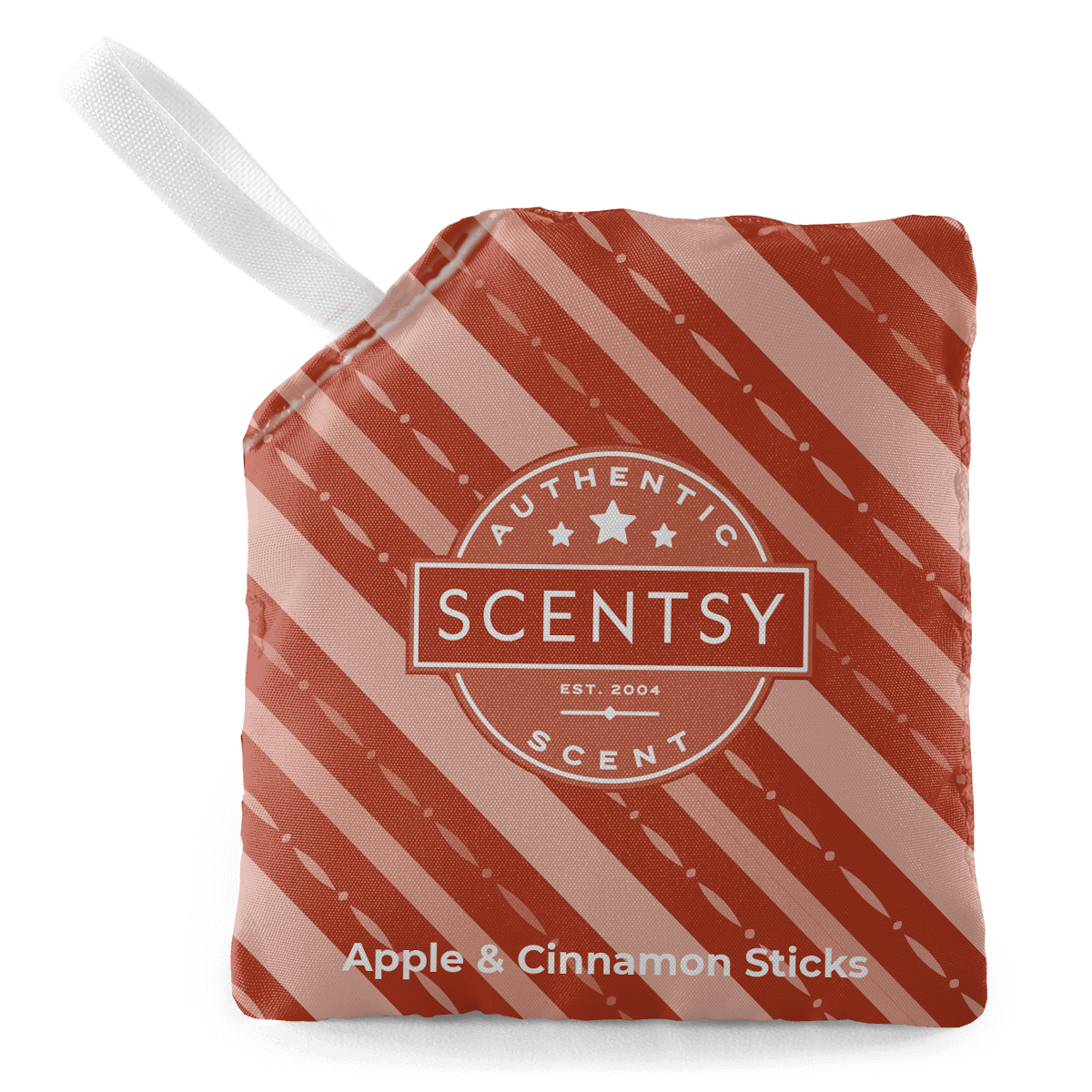 Scentsy Apple & Cinnamon Sticks packaging with red and white striped design on a black background