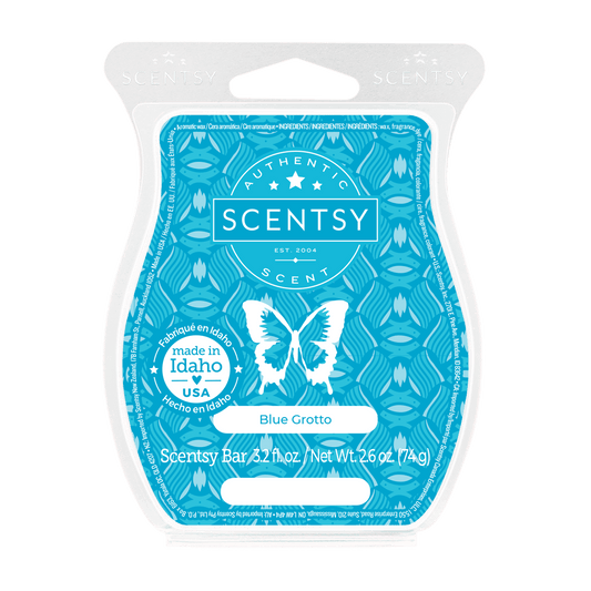 Scentsy Blue Grotto wax bar packaging on a black background