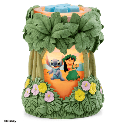 Decorative lantern with cartoon characters inside, surrounded by green leaves and flowers on a black background.