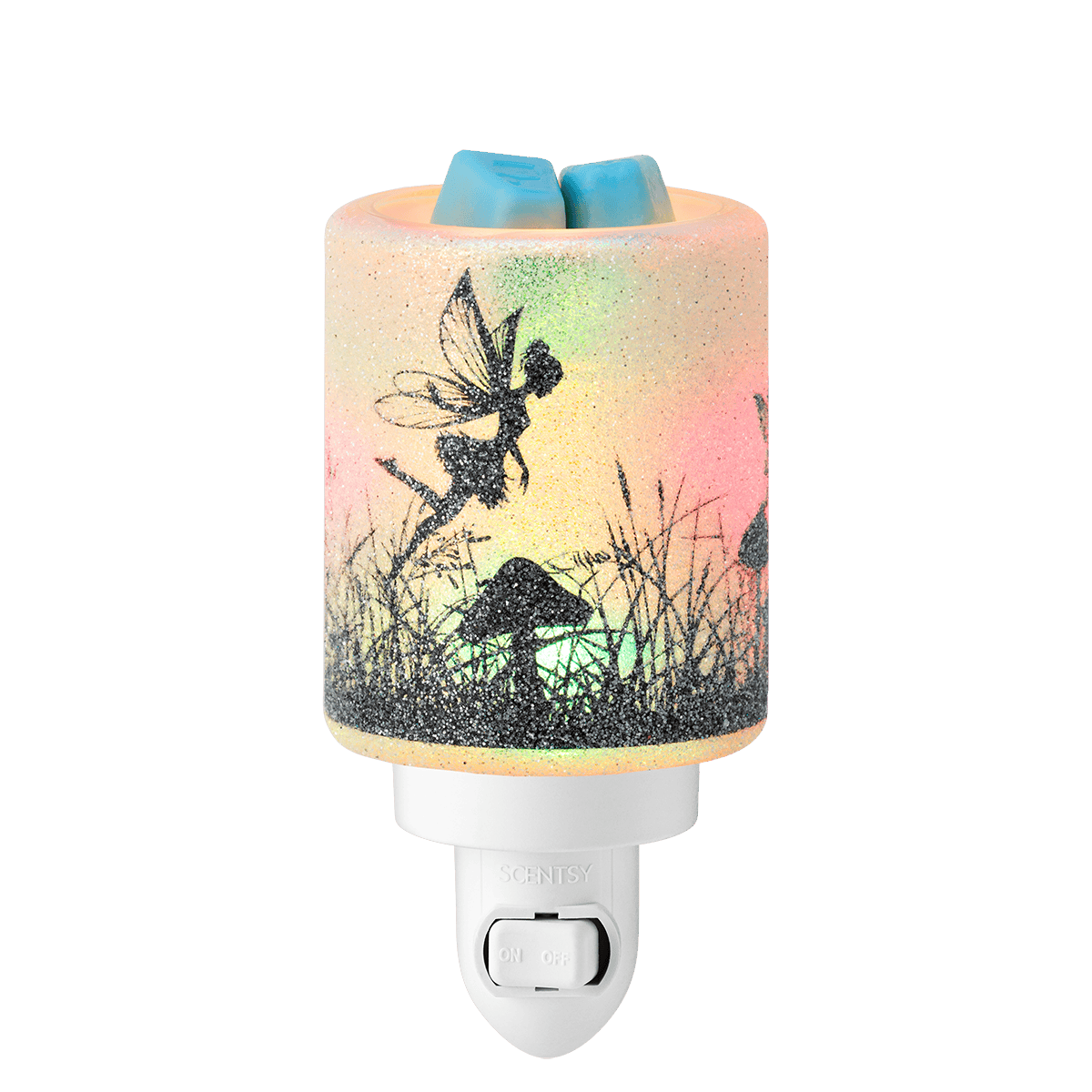 Decorative night light with fairy and mushroom design on a pastel gradient background
