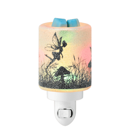 Decorative night light with fairy and mushroom design on a pastel gradient background