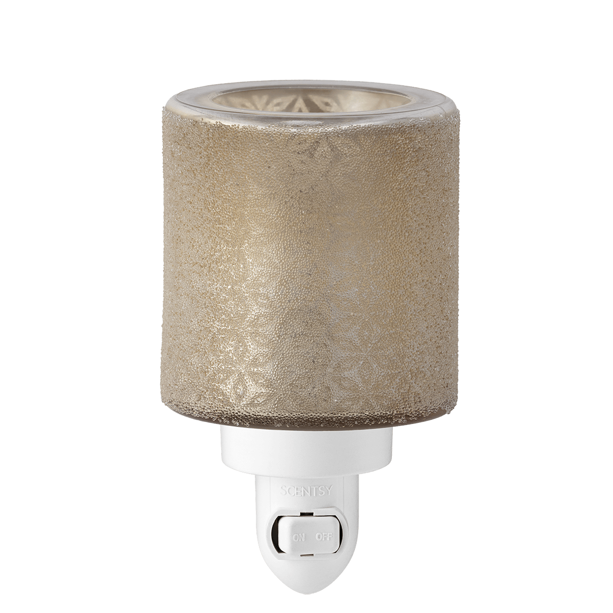 Decorative night light with textured beige shade on a green background