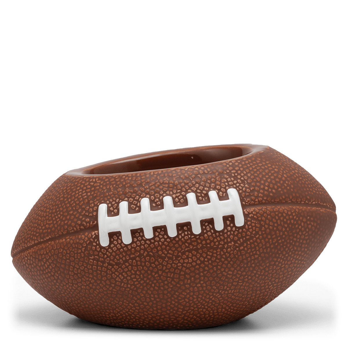 Football-shaped planter on a black base with a white background