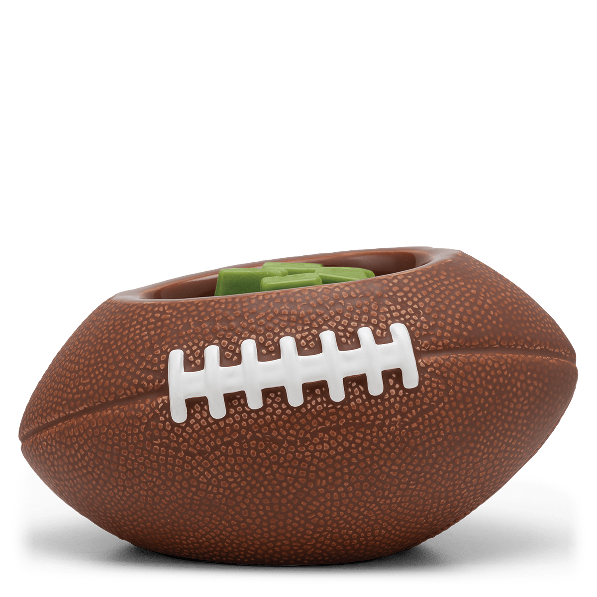 Brown football-shaped dog toy on a black stand with a white background