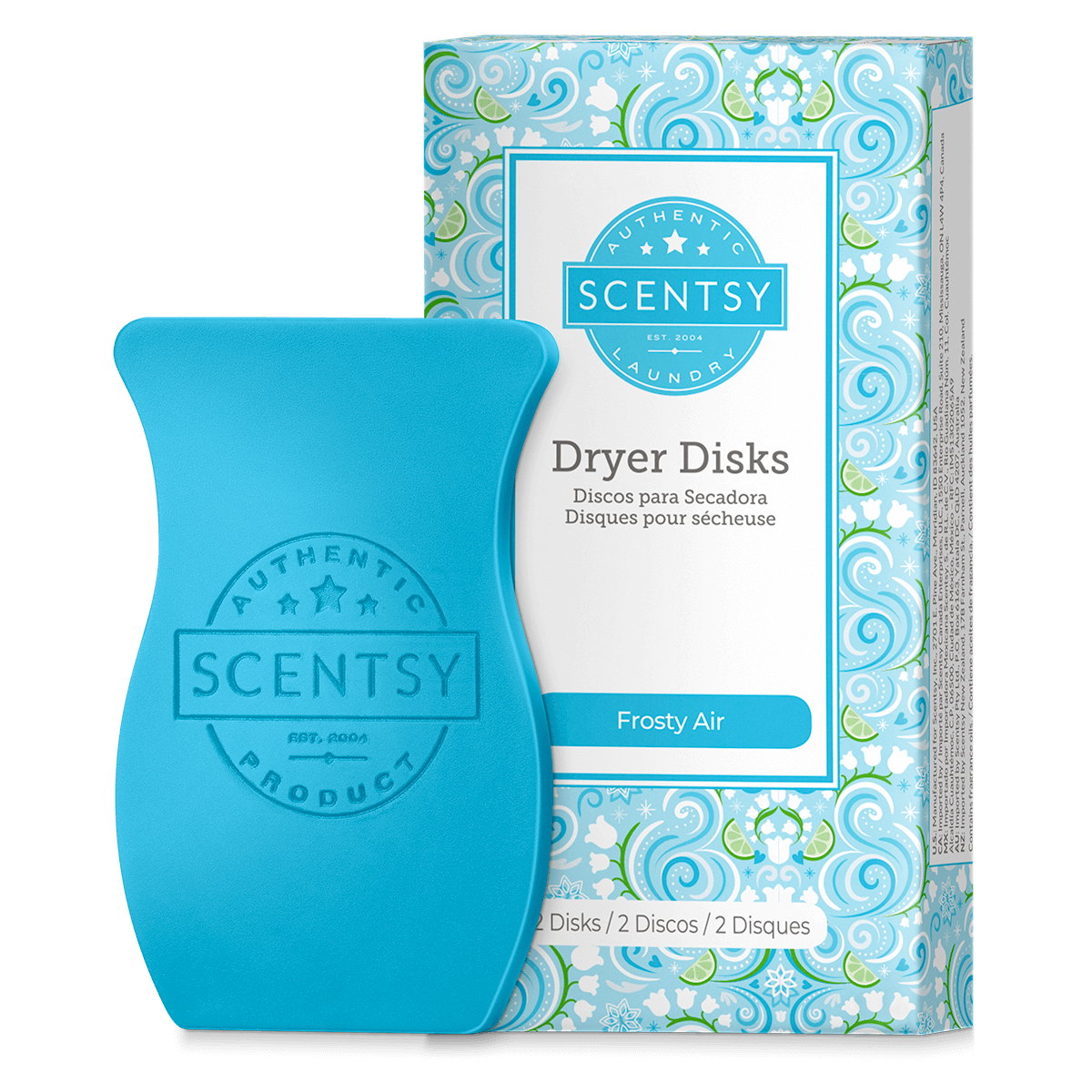 Blue Scentsy dryer disk with packaging on a black background