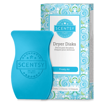 Blue Scentsy dryer disk with packaging on a black background
